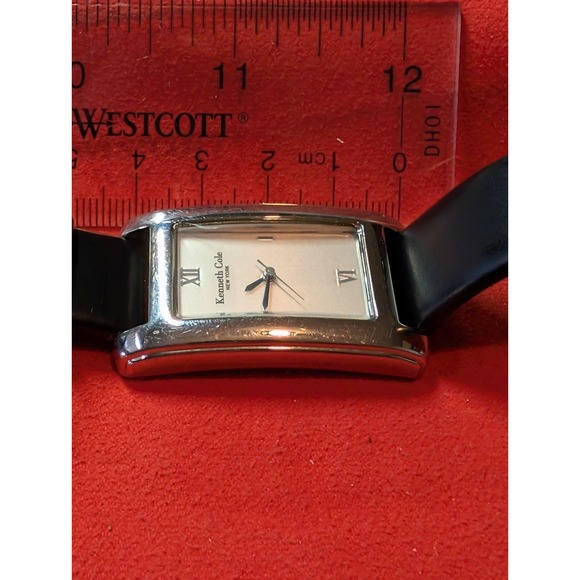 Kenneth Cole Tank Watch Women 25mm Silver Tone Black Leather Band New Battery